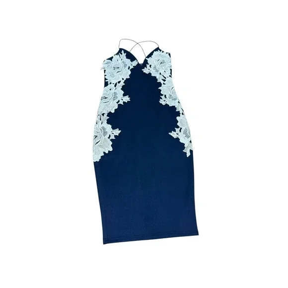 AX Paris Navy‎ Blue Lace Applique Strappy Bodycon Midi Dress Size 10